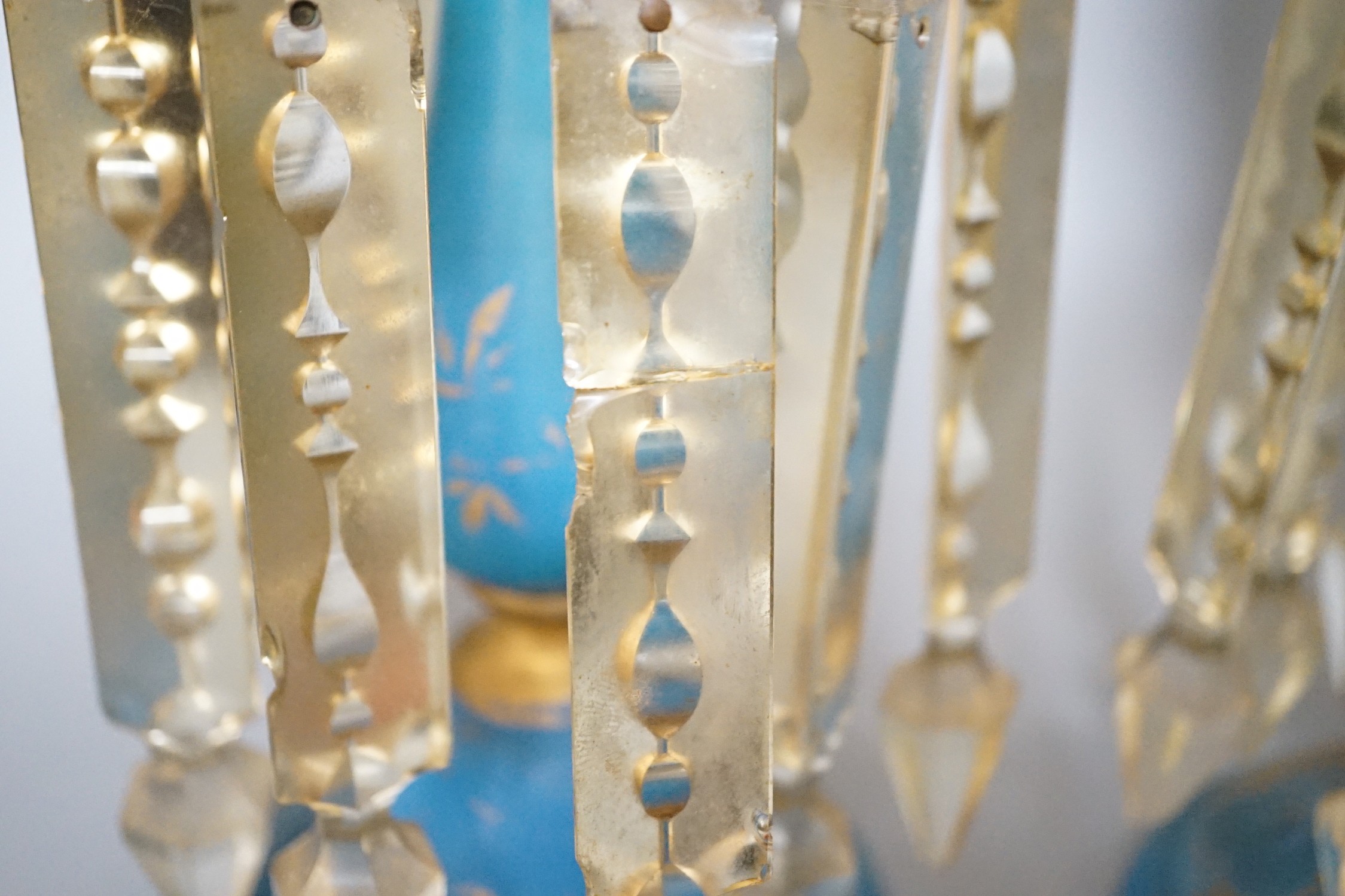 A pair of 19th century turquoise glass table lustres, 27.5cm
